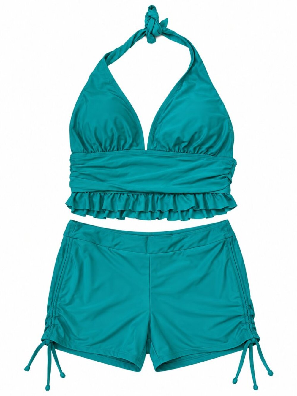 Women’s Teal Halter Tankini with Ruched Swim Shorts